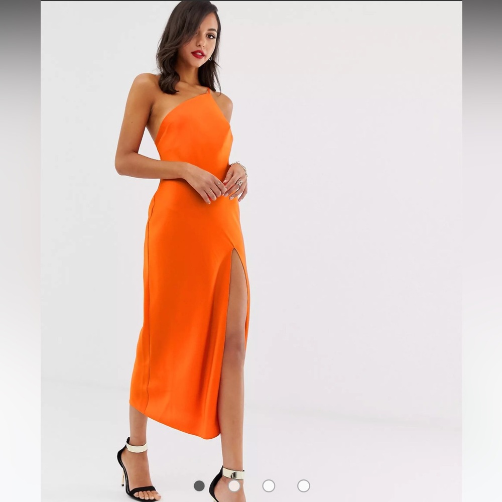 ASOS orange one shoulder midi dress with slit